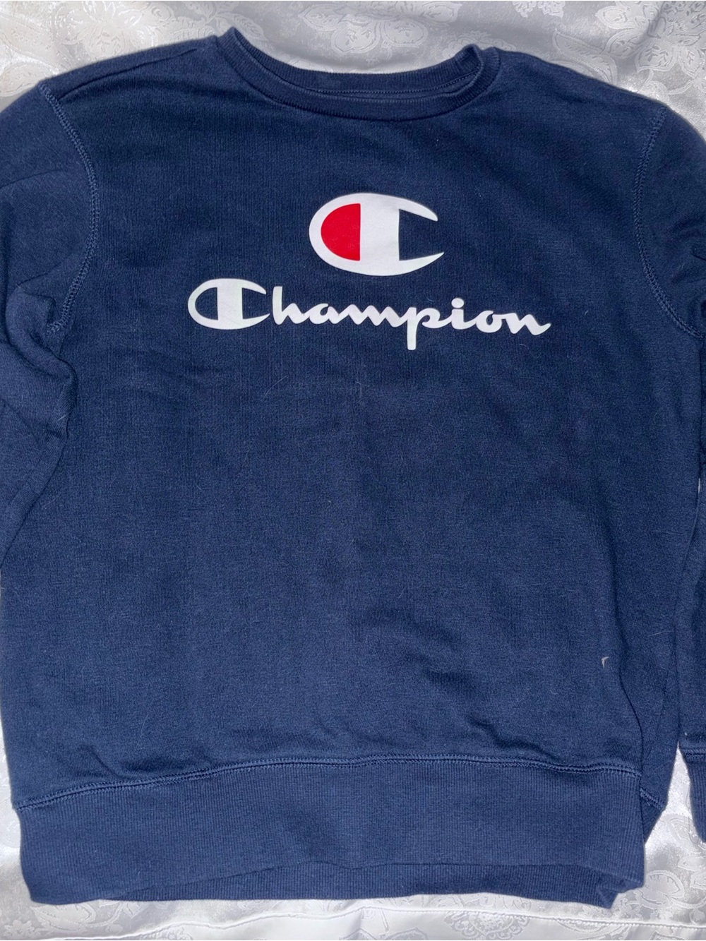 Kids Champion Navy Crewneck Sweatshirt with Red & White Logo